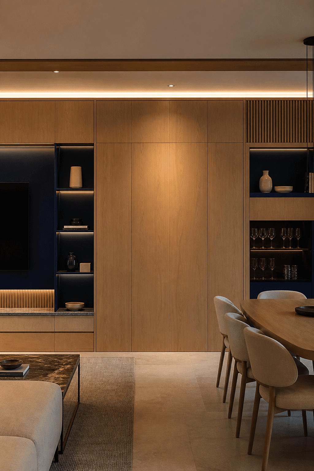 Ambiente integrado com marcenaria planejada em MDF amadeirado e nichos azul-marinho